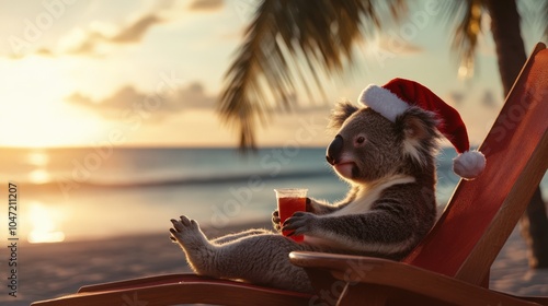 Koala relaxing on a beach chair with a drink, wearing a santa hat