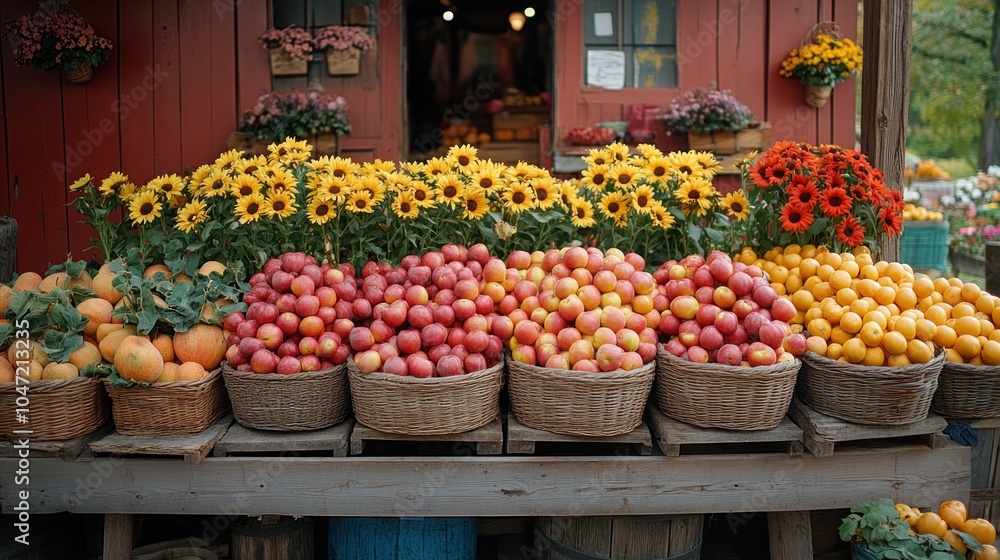 A vibrant market display with baskets of fruits and colorful flowers. A vibrant market display with baskets of fruits and colorful flowers.