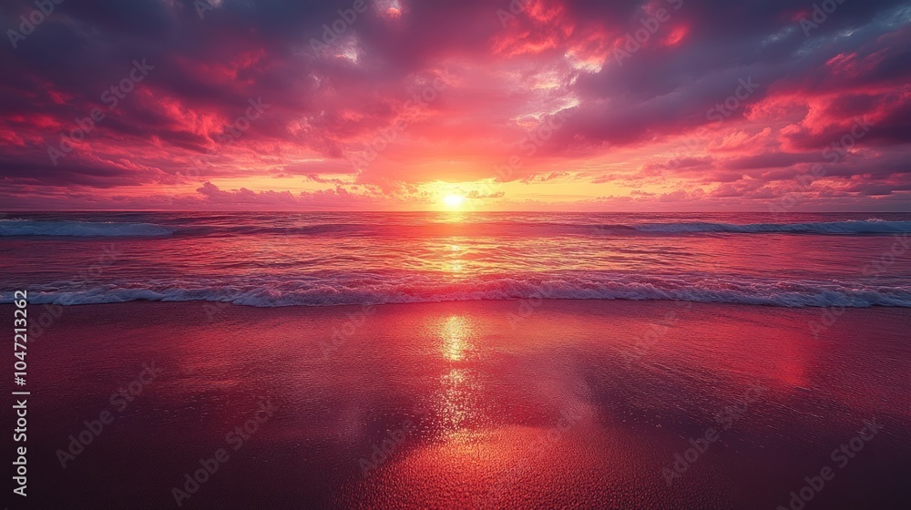 A vibrant sunset over the ocean, reflecting colorful hues on the wet sand. A vibrant sunset over the ocean, reflecting colorful hues on the wet sand.