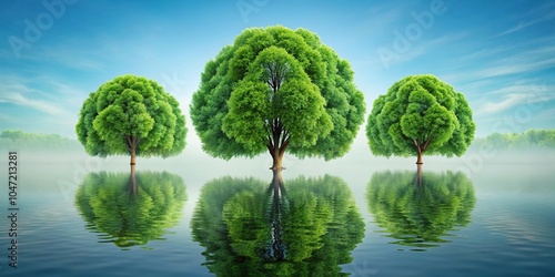 Stock photo of green trees reflecting on water surface resembling a lung