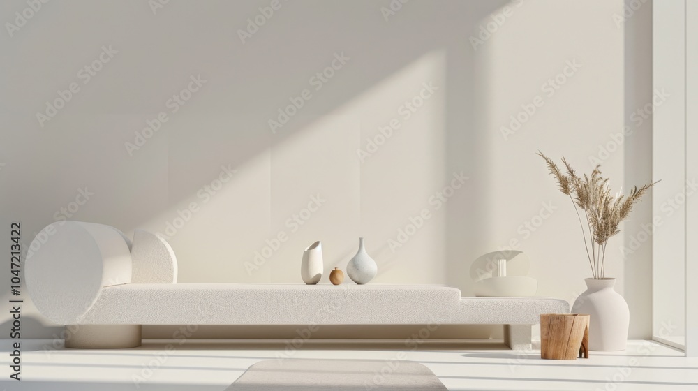 A refined lounge arrangement against a white canvas backdrop, Featuring meticulously selected minimalist furniture, Zen garden-inspired design A refined lounge arrangement against a white canvas backdrop, Featuring meticulously selected minimalist furniture, Zen garden-inspired design