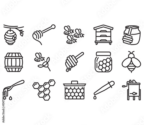 Collection of honey and bee icons. Thin line vector. Contains icons such as beekeeping, beehive, honey.