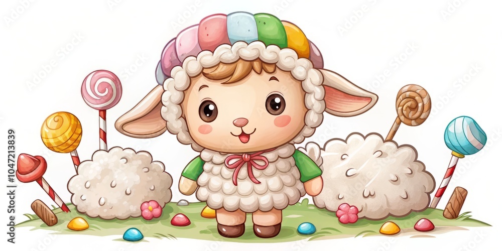 Naklejka premium Adorable Lamb Dressed as a Shepherd with Helmet and Candy, Perfect for Kids' Themes and Decor