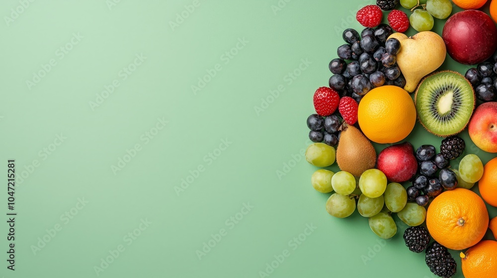 A vibrant mix of fresh fruits, including oranges, grapes, raspberries, kiwi, and pears, arranged on a green background. A vibrant mix of fresh fruits, including oranges, grapes, raspberries, kiwi, and pears, arranged on a green background.
