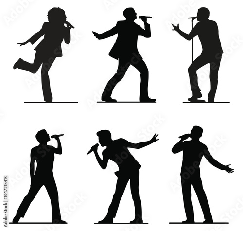 Silhouettes of Singers Performing on Stage. Isolated Vector on White Background.