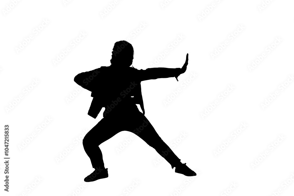Front full body length black vector silhouette profile of woman in martial arts pose in normal clothing on transparent copy space background Front full body length black vector silhouette profile of woman in martial arts pose in normal clothing on transparent copy space background