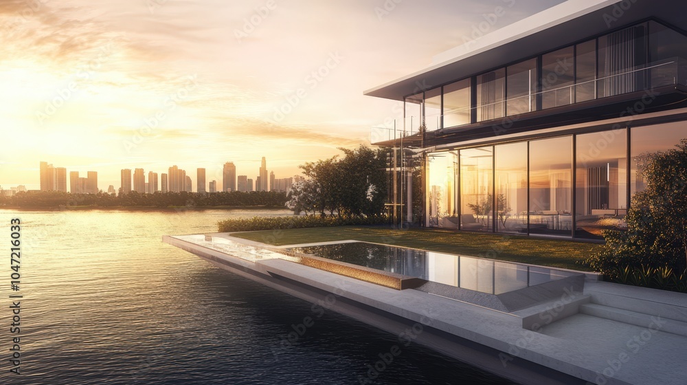 Modern luxury waterfront home with pool and city skyline view at sunset Modern luxury waterfront home with pool and city skyline view at sunset