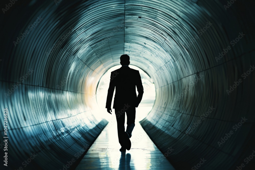 A person in business attire walking through a dark tunnel, representing the overwhelming feeling of stress and pressure from work, A person in business attire walking through a dark tunnel, representing the overwhelming feeling of stress and pressure from work,