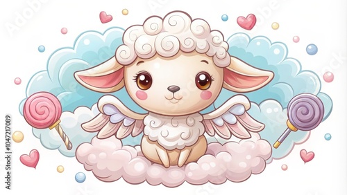Wallpaper Mural Adorable Little Lamb Dressed as an Angel Surrounded by Candy-Shaped Clouds in a Dreamy Scene Torontodigital.ca