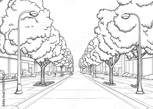 An image of a street crosswalk viewed from a window. A hand-drawn sketch of the city. A black line indicates the architecture of a building and a landscape.