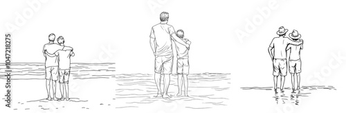 Line drawing of dad and son walking together holding hands. Black linear sketch on white background. Modern illustration.