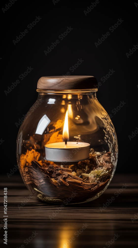 Burning Candle in Glass Jar with Wooden Lid and Dried Flowers Burning Candle in Glass Jar with Wooden Lid and Dried Flowers