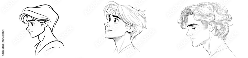 This is a continuous one line drawing displaying a portrait of a man with a hairstyle. The style is fashionable for men. This is a continuous one line drawing displaying a portrait of a man with a hairstyle. The style is fashionable for men.