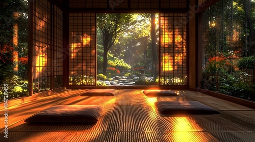 A serene interior of a traditional Japanese room with tatami mats, bathed in warm sunlight, highlighting the tranquil garden view outside through shoji screens.