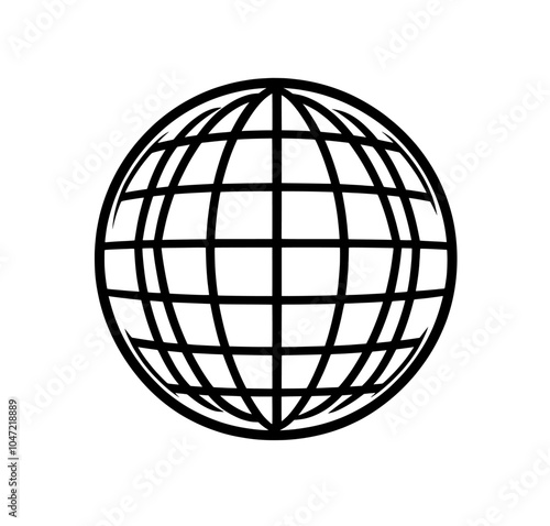 Black and white contour line drawing of a modern one round mirror disco ball in colorless black and white