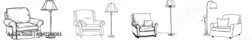 Drawings of armchairs, plaid, and floor lamps. Drawing of cozy living room with modern furniture. Single line hand drawn contours of indoor furniture. Doodle modern illustration.