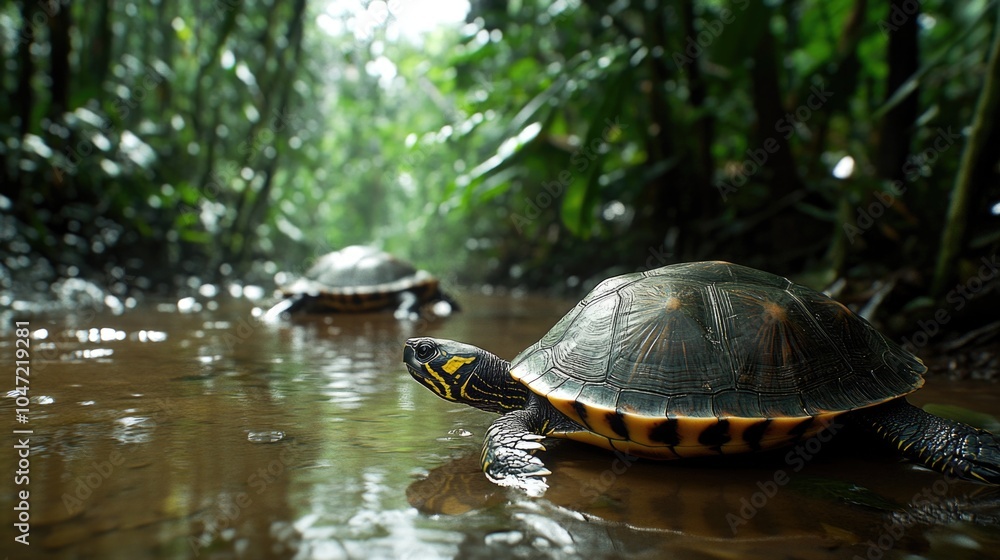 Fototapeta premium A turtle sits atop a riverbank, surrounded by lush foliage from the adjacent forest