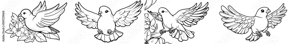 This continuous one-line drawing depicts a flying pigeon or dove. This bird symbolises freedom and peace. This image could be used in logos, cards, banners, or posters. This continuous one-line drawing depicts a flying pigeon or dove. This bird symbolises freedom and peace. This image could be used in logos, cards, banners, or posters.