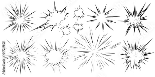 An animation with cartoon lines and sparks. Hand drawn splashes, bursts, and explosions.