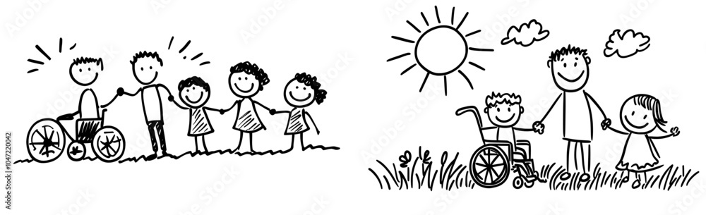 An outdoor family photo of a happy disabled boy and his family. An outdoor family photo of a happy disabled boy and his family.