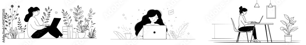 Single line drawing of woman using laptop computer, modern line art illustration Single line drawing of woman using laptop computer, modern line art illustration