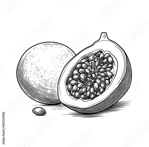 Detailed hand drawn ink sketch of Passion fruit with half peeled, whole, and sliced lines. Ideal for coloring books.