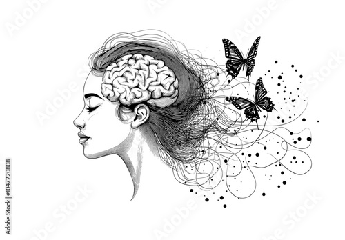 Portrait sketch of abstract face with butterfly. Minimalistic style. Surreal Faces Continuous Line, drawing of set faces and hairstyles, fashion concept, beauty of women.