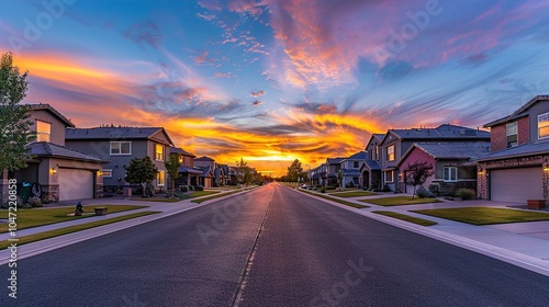 Fototapeta Naklejka Na Ścianę i Meble -  A classic dead-end street of luxury homes bathed in warm, colorful sunset hues of tranquility