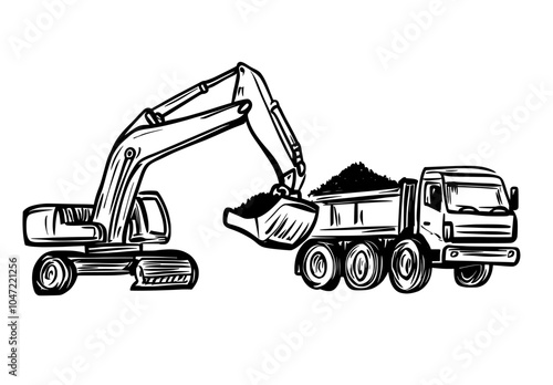 Construction vehicles with loader and dump truck in minimalist continuous line illustration