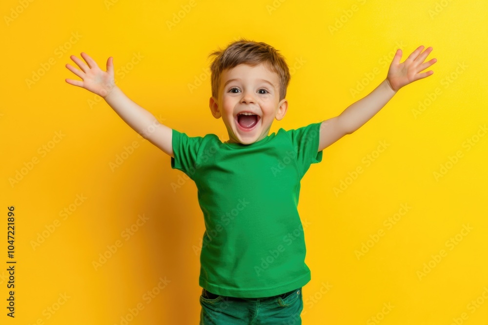A young boy excitedly raises his hands in celebration, possibly after achieving something or feeling joyful A young boy excitedly raises his hands in celebration, possibly after achieving something or feeling joyful