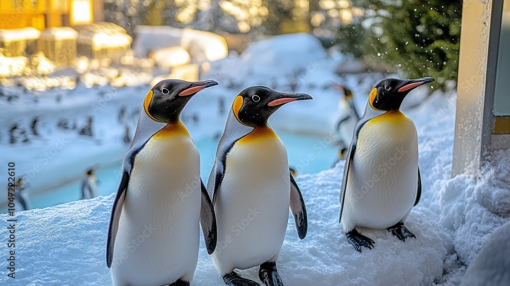 Fototapeta premium Penguins Waddle Around on Ice in the Zoo