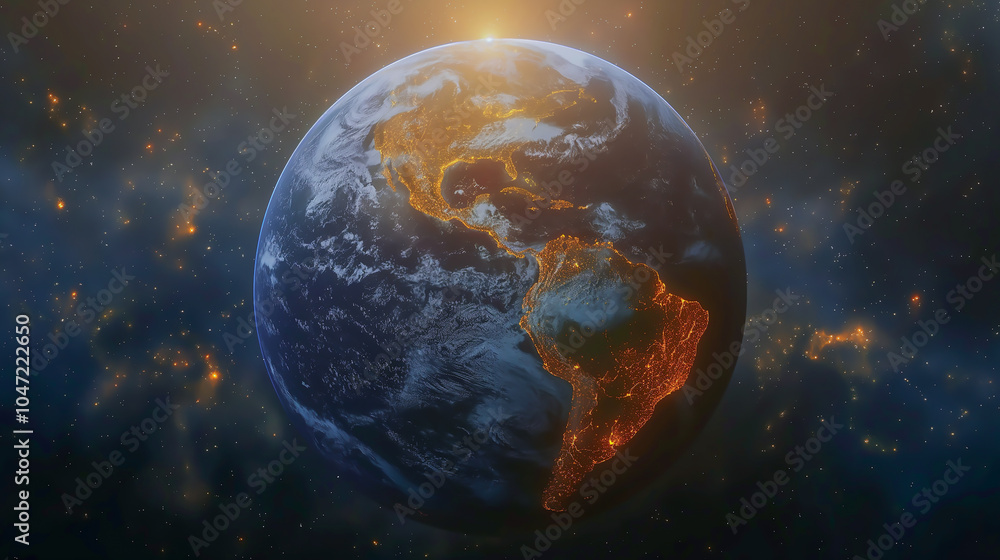 Obraz premium 宇宙から見た地球の大陸で鵜tくしく彩る夜の光