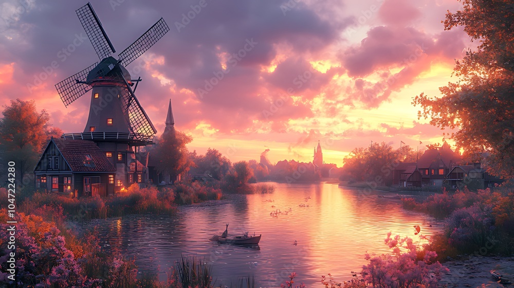 A traditional windmill stands tall against a vibrant sunset sky, reflecting in the calm waters of a river. A small boat