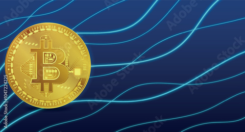 Bitcoin side view on background with abstract intersecting neon light lines.