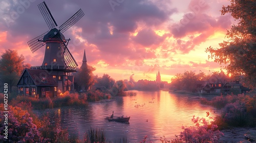 Obraz na płótnie A traditional windmill stands tall against a vibrant sunset sky, reflecting in the calm waters of a river. A small boat w salonie