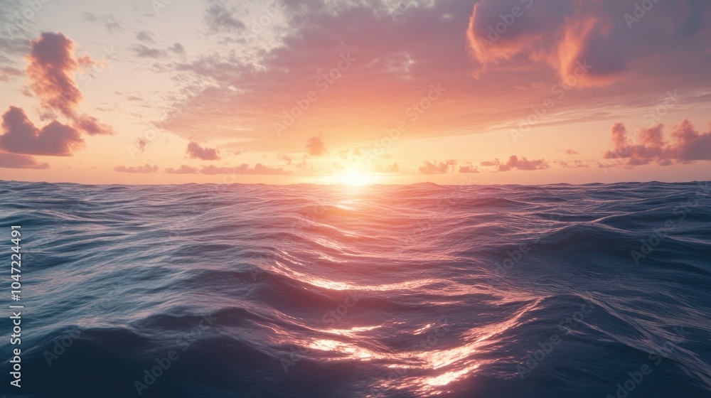 Fototapeta premium A serene sunrise over a calm ocean with soft waves, symbolizing peace and mental clarity