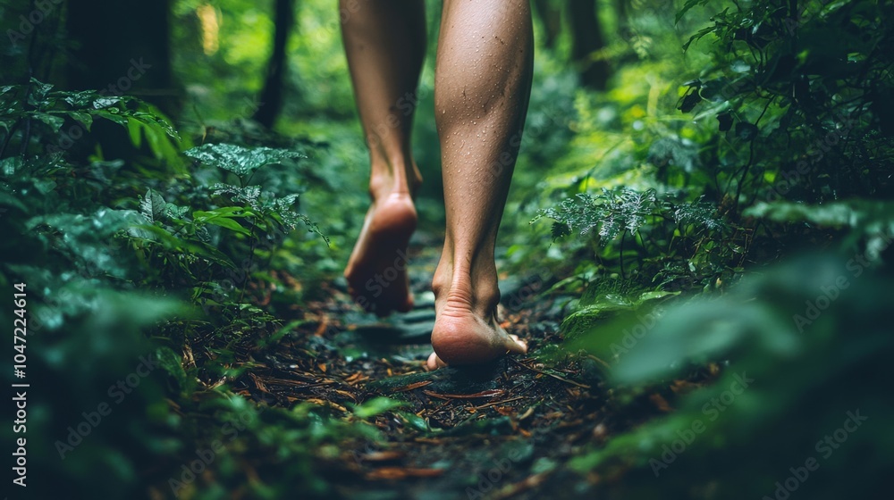 A person practicing eco-therapy by walking barefoot in a lush forest, connecting with nature, A person practicing eco-therapy by walking barefoot in a lush forest, connecting with nature,