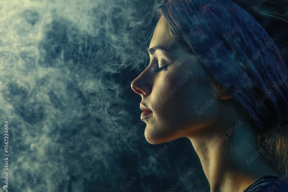 A woman relaxes and smokes a cigarette while closing her eyes, possibly enjoying the moment or taking a break A woman relaxes and smokes a cigarette while closing her eyes, possibly enjoying the moment or taking a break