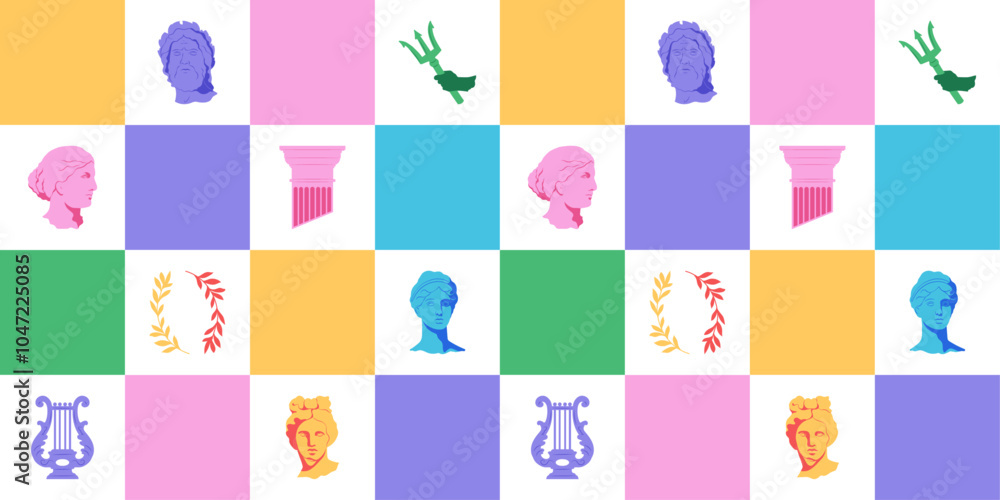 Greek aesthetic seamless pattern. Checkered background with ancient statues, antique characters 2000s. Trendy y2k cover, backdrop, textile, wrapping paper, fabric, cover, wallpaper, print. Vector Greek aesthetic seamless pattern. Checkered background with ancient statues, antique characters 2000s. Trendy y2k cover, backdrop, textile, wrapping paper, fabric, cover, wallpaper, print. Vector