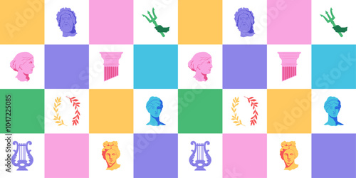Greek aesthetic seamless pattern. Checkered background with ancient statues, antique characters 2000s. Trendy y2k cover, backdrop, textile, wrapping paper, fabric, cover, wallpaper, print. Vector