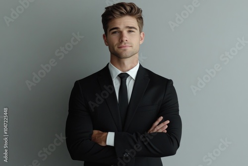 A businessman standing with arms crossed, suitable for corporate or professional settings