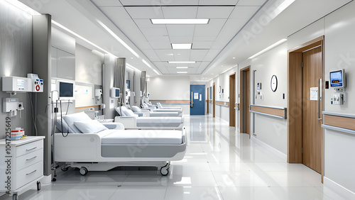 Sterile Hospital Hallway with Clean White Walls, Tiled Floor, and Beds