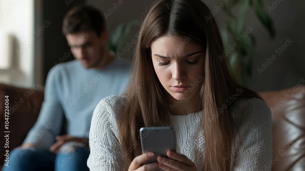 A person reading a text message from a secret lover, with an expression of guilt, while their partner is seen in the background unaware, A person reading a text message from a secret lover, with an expression of guilt, while their partner is seen in the background unaware,
