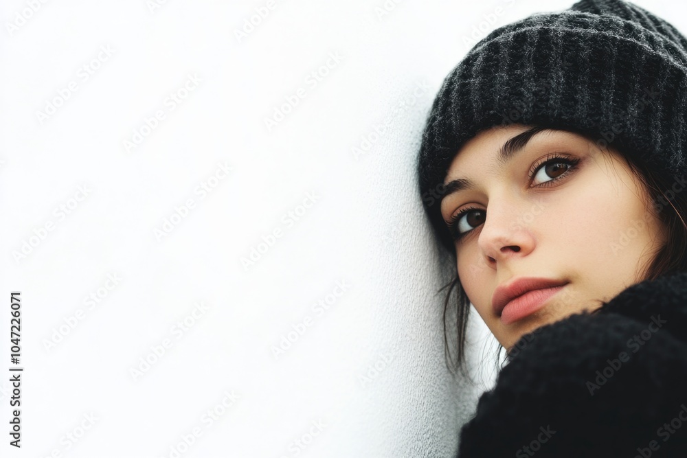 A woman leaning against a wall while wearing a hat A woman leaning against a wall while wearing a hat