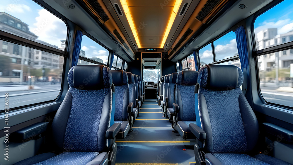 The interior of a modern bus with empty blue seats, overhead lights, windows, and a city view The interior of a modern bus with empty blue seats, overhead lights, windows, and a city view