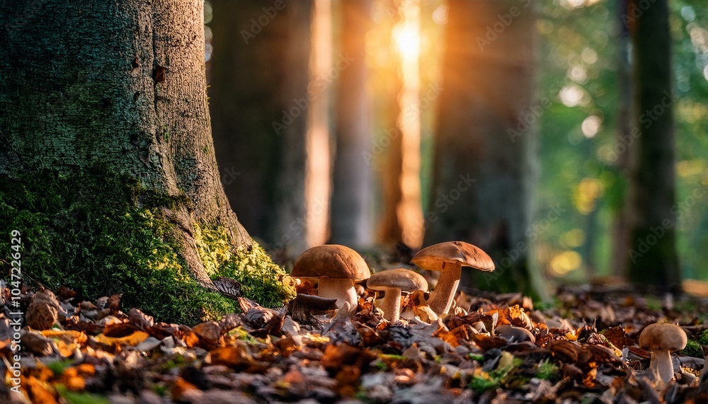 un bosque con arboles grandes y boletus en el suelo un bosque con arboles grandes y boletus en el suelo