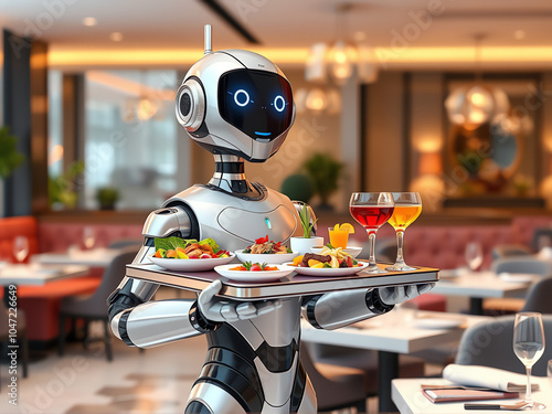 A robotic server delivers meals and drinks in a modern restaurant filled with diners enjoying their experience photo