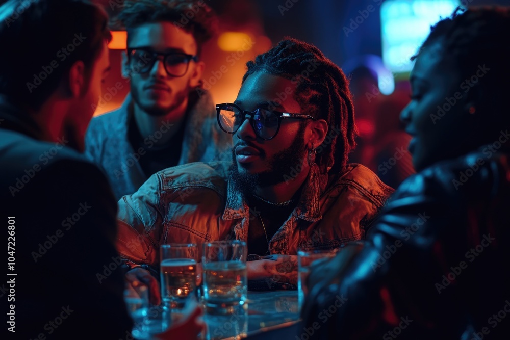 A group of friends or colleagues gathered around a table in a bar, possibly discussing business or having fun A group of friends or colleagues gathered around a table in a bar, possibly discussing business or having fun