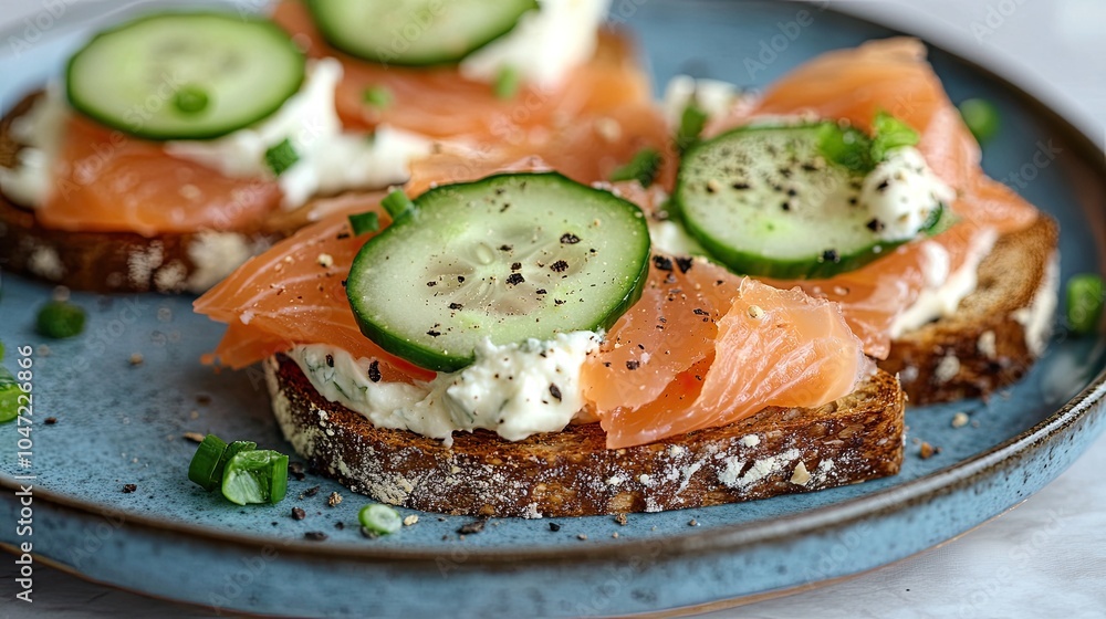 Healthy toast featuring smoked salmon, creamy cheese, and fresh cucumbers on dark bread. The blue plate is set against a well-lit cooking background. Healthy toast featuring smoked salmon, creamy cheese, and fresh cucumbers on dark bread. The blue plate is set against a well-lit cooking background.