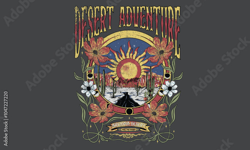 Desert vibes artwork design for sticker, poster, background, fashion and others. Arizona vintage print design for t shirt. Western desert artwork. Cactus with flower design. Desert adventure art.